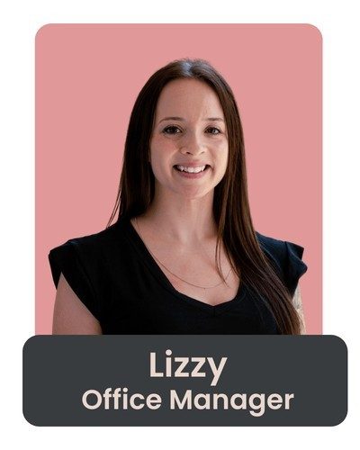 Lizzy Strachan, Office Manager at reTHINK Therapy, smiling warmly in a welcoming office environment, representing client care and administrative leadership.